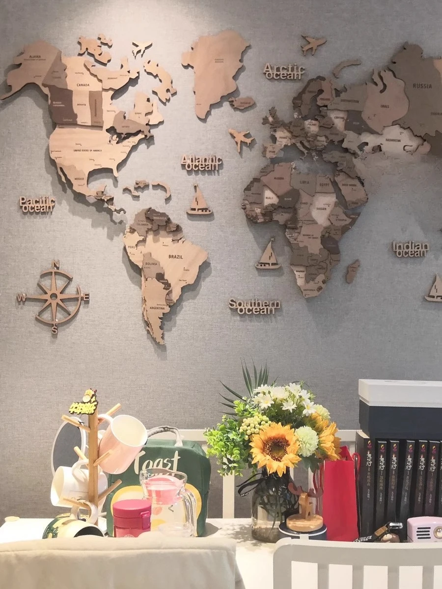 Mappa del mondo in legno massello da viaggio nordico soggiorno sfondo decorazione della parete grandi dipinti decorativi ufficio divisione scuola