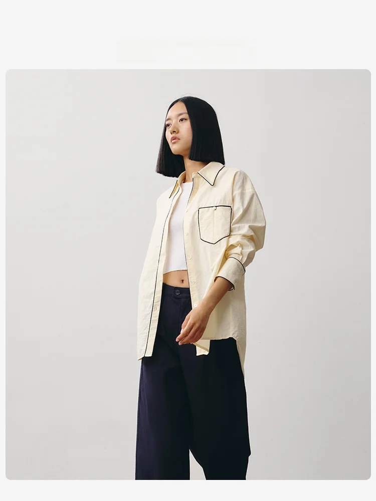 

MOORING Vintage Color Blo Long Sve Anti-Wrinkle Loose Women's irt Cotton Nylon Blend Comfortable Fit Spring Faion