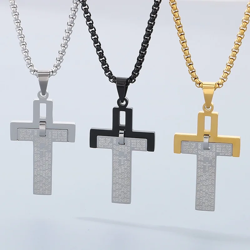 New Personality Two-color Stitching Cross Necklace Men Stainless Steel English Bible Verse Pendant Collar Hombre