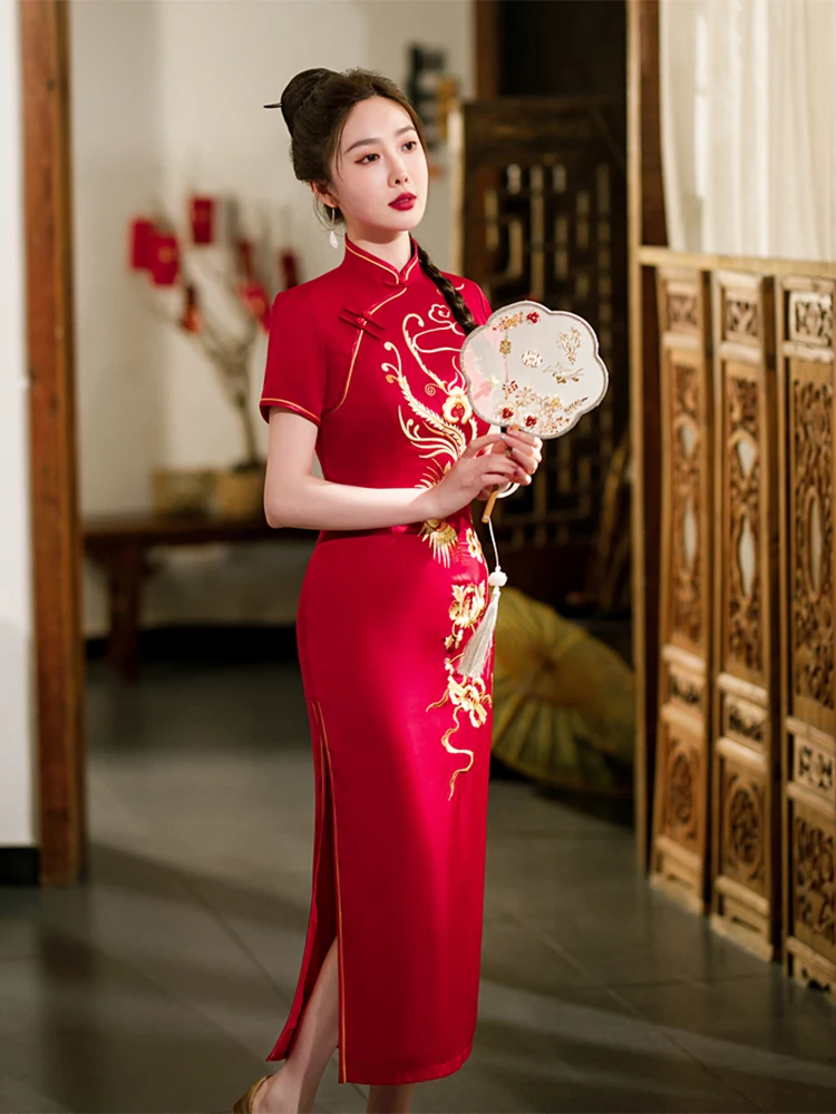 Yourqipao Summer Silk Cheongsam Long Catwalk Elegant Banquet Qipao Welcome Clothes Chinese Style Evening Wedding Dress for Women