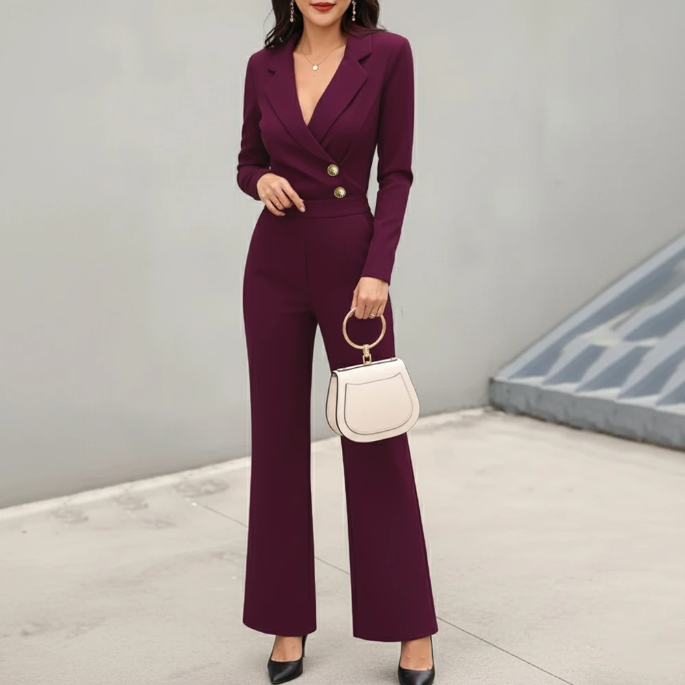 

Autumn Winter Jumpsuit Tailored Fit Suit Collar Casual Women's All-Match Long Pants Fashionable Comfortable Clothing