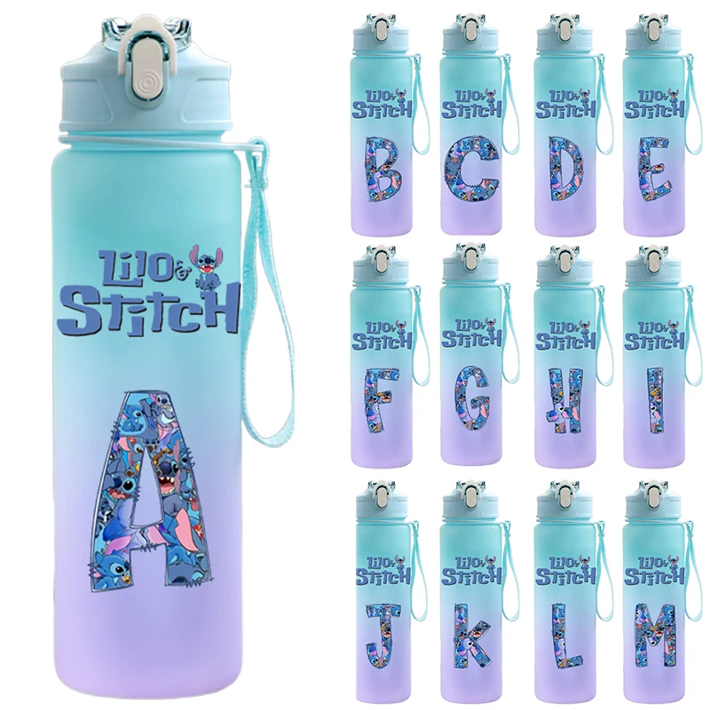 750ML Letter A-Z Print Lilo Stitch Water Bottle Large Capacity Drinking Portable Cartoon Anime Outdoor Sport Water Cup Kid Gift