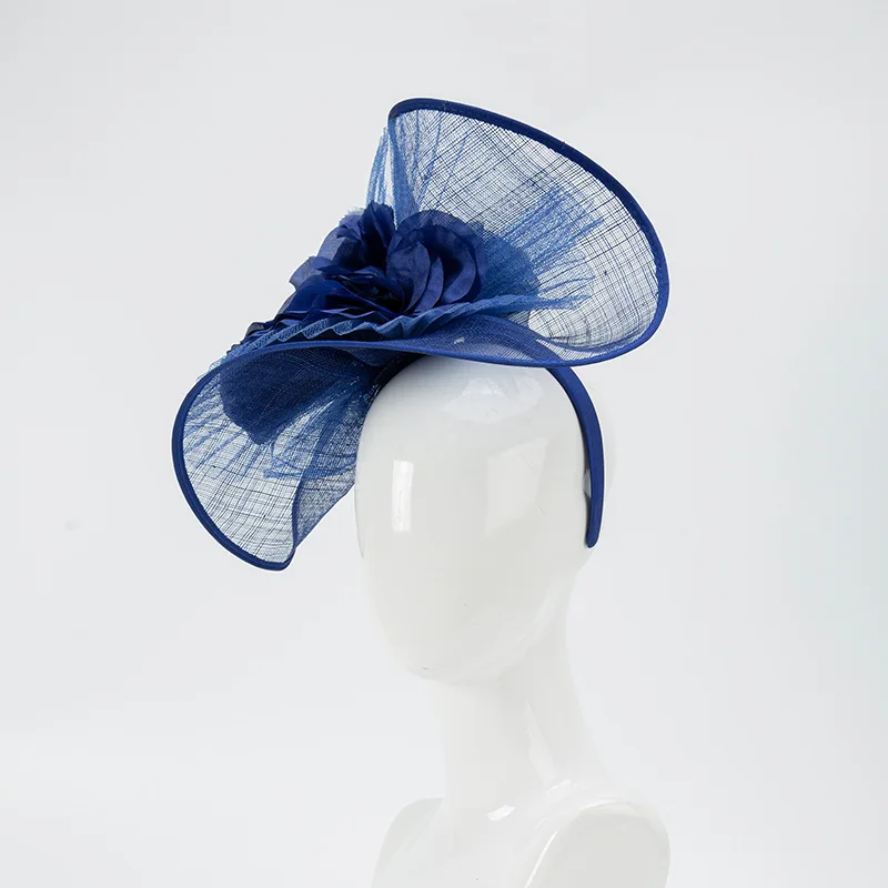 2023 Blue Sinamay Flower Fascinators Hat Women High End Handmade Rose Fascinator Hairbands Banquet Cocktail Church Hat Headpiece