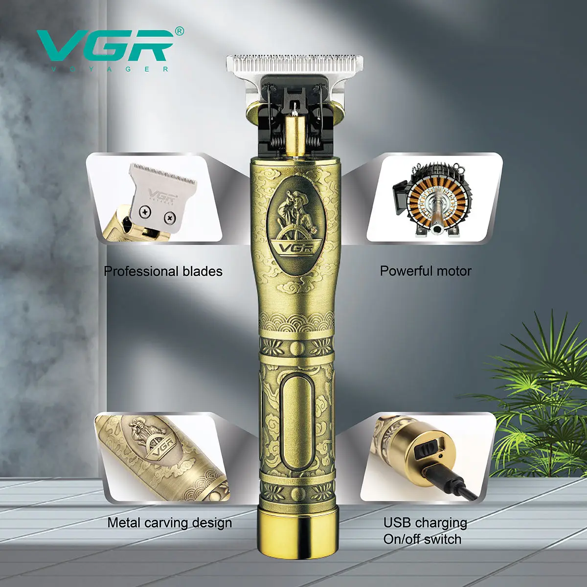 VGR1 مقص الشعر المعدني المهنية قابلة للشحن العناية الشخصية خمر النقش مقص T9 المتقلب USB تخفيض الحلاق V-081