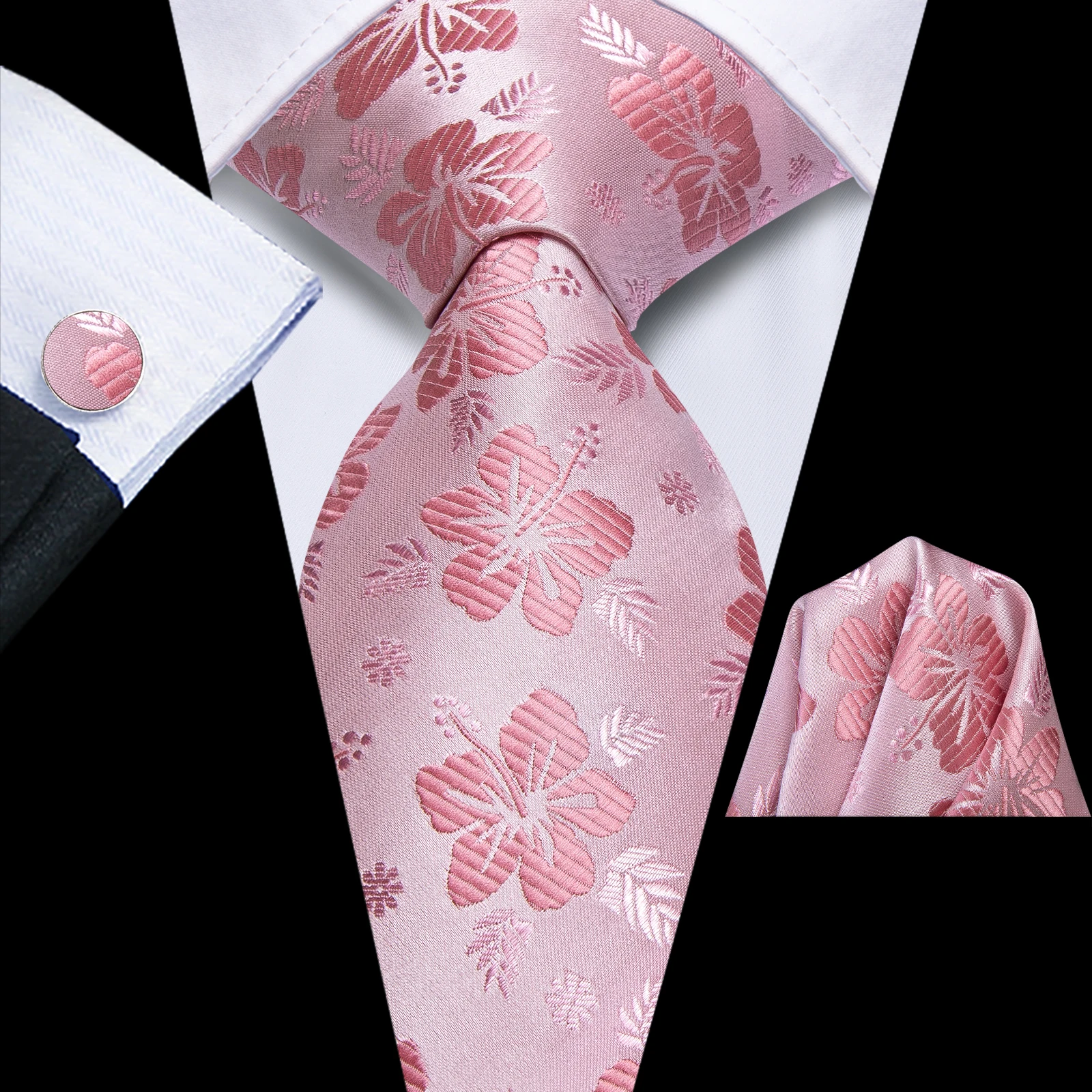 Hi-Tie Extra Long 170cm Pink Floral Men's Elegant Tie Handkerchief Cufflinks Set Wedding Party Accessories Gift for Men Gravats