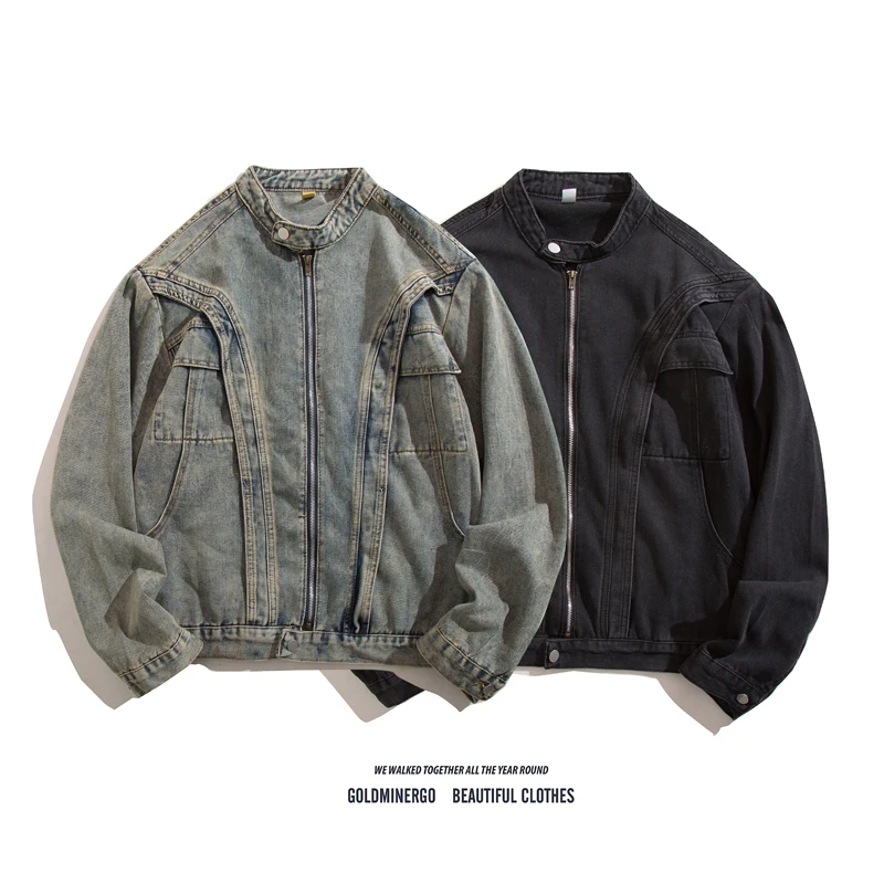 Veste en jean déstructurée patchwork style américain pour homme, tendance streetwear, avec épaulettes épaisses