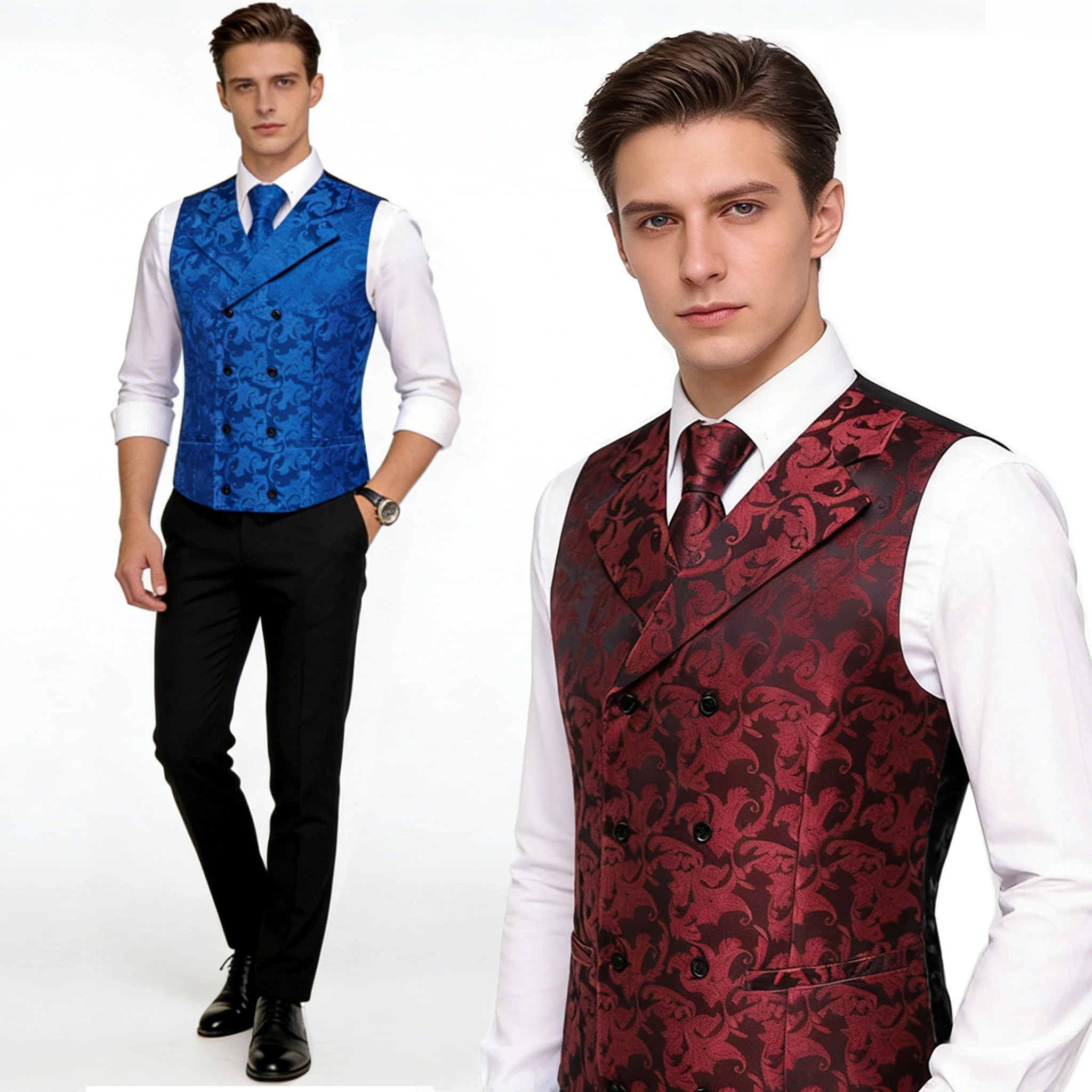 Mens Double Breasted Half Notch Lapel Waistcoat Formal Floral Jacquard Suit Vest Tie Hanky Cufflinks Set Wedding Party Business