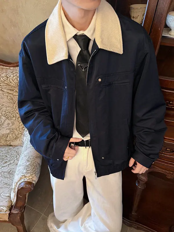 

Мужская вельветовая куртка-бомбер Tangz Studio в винтажном рабочем стиле с отложным воротником, полиэстер, длинный рукав, на молнии, осенняя коллекция