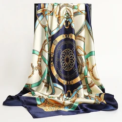Handkerchiefs Hair Silk Scarf 90*90cm Print Satin Big Square Silk Scarves Shawls for Women Luxury Brand Designer Hijab Headband