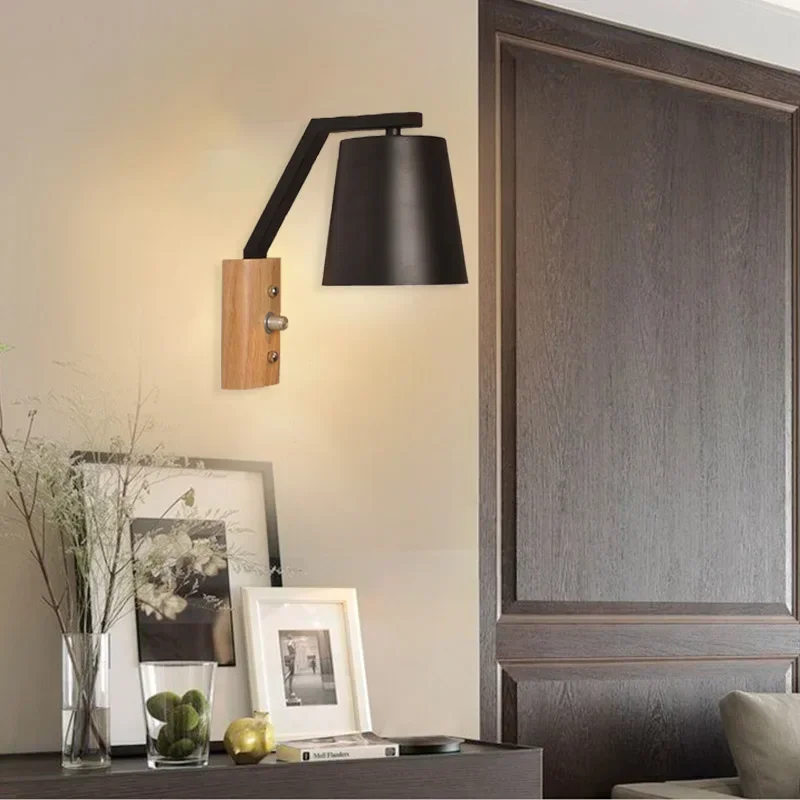 Modern LED Wall lamp With Switch Solid Wood Simple Bedside Lamp Living Room Hallway Study Rooms Interior Decorative Home Fixture