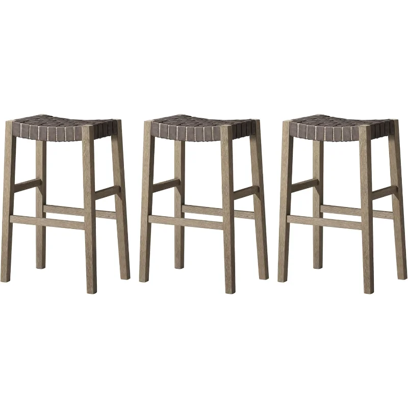 Emerson 31 Inch Tall Bar Height Backless  Barstool In Weathered Grey Wood Finish With Ronan Stone Vegan Leather Seat, Set Of 3