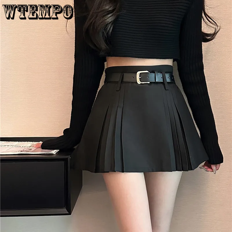 

Black Pleated Skirt Preppy Style High Waisted A-shaped Pattern Gift Belt Hotsweet Euphoria American Hot Girl Korean Fashion