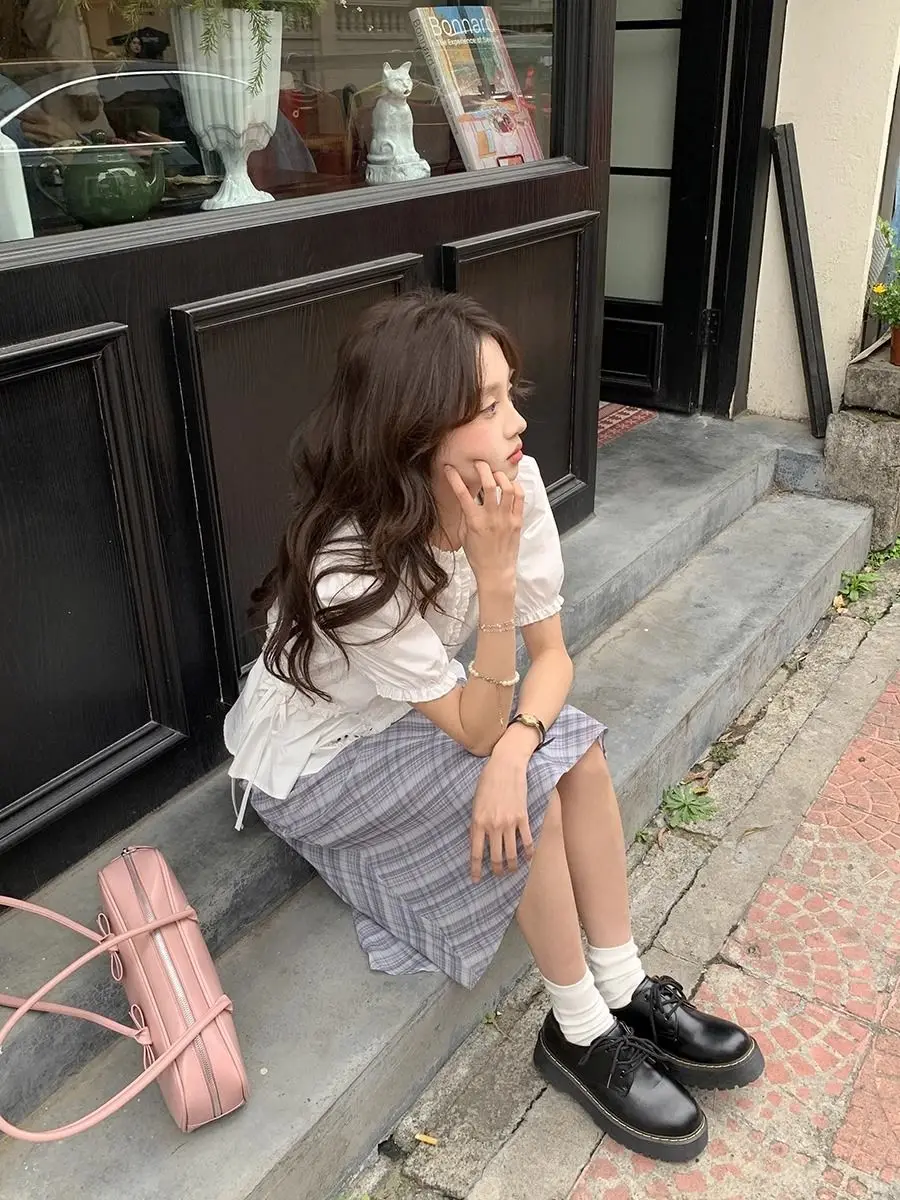 Shirt White Fungus Edge Drawstring Women Short Sleeve Slimming Waist Shirts Feminina Ladies Cropped Tops Korean Fashion Chic New