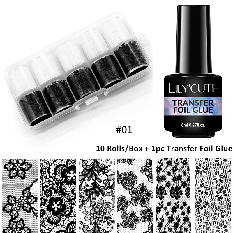 LILYCUTE 2pcs Transfer Foil Glue Set With 10 Rolls Transfer Sticker For Nail Full Pattern Pick-Up, Works With UV/LED Lamp