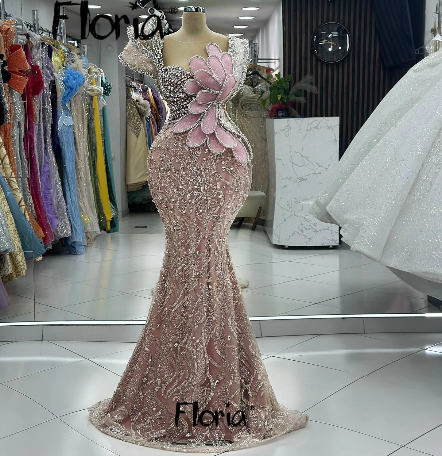 Floria Glitter Crystals Blush Pink Evening Dresses Women Mermaid Sequins Wedding Party Dress Arabic Vestidos Novias Boda 2024