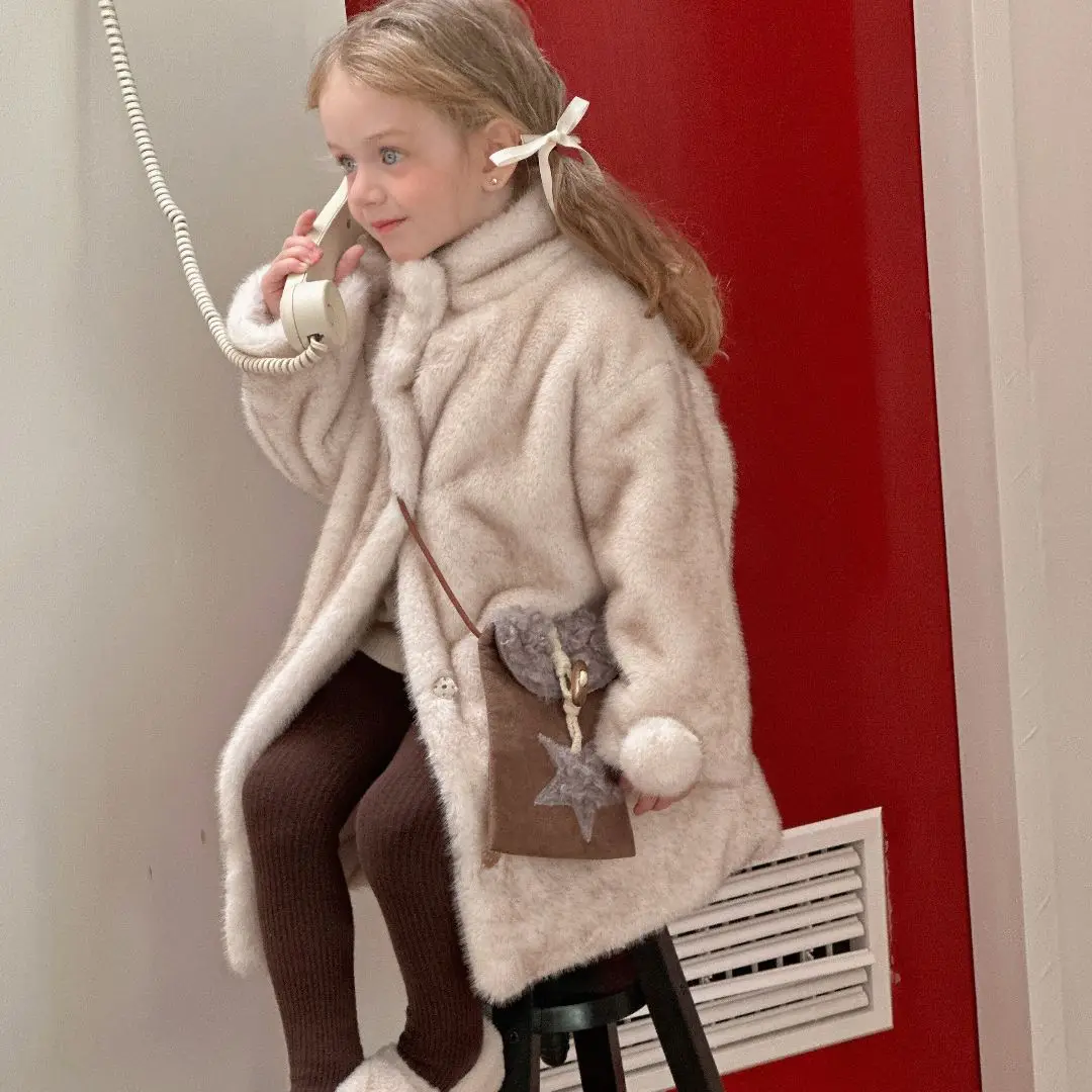 Kids Girls Winter Fur Overcoat Turtleneck Warm Plus Velvet Infant Girl Mid-length Outerwear Thicken Fluffy Jackets For Baby Girl