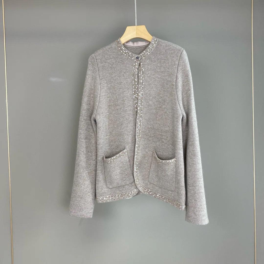 

2025 Autumn And Winter New Beaded Round Neck Cashmere Knitted Cardigan Fashionable And Versatile Temperament Coat