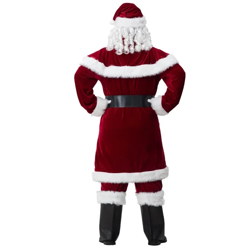 Disfraz de Papá Noel para hombre, traje de Navidad de terciopelo rojo de lujo, traje de Navidad de gran tamaño para adulto, disfraz de Cosplay para fiesta navideña