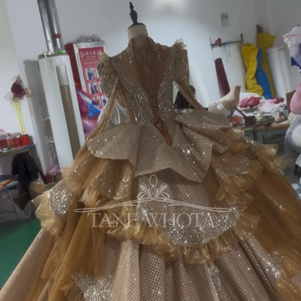 Customizable High Flare Sleeve Prom Dress 2026 Lace-Up Back Crystal Sequined Embroidery Evening Gown For Women