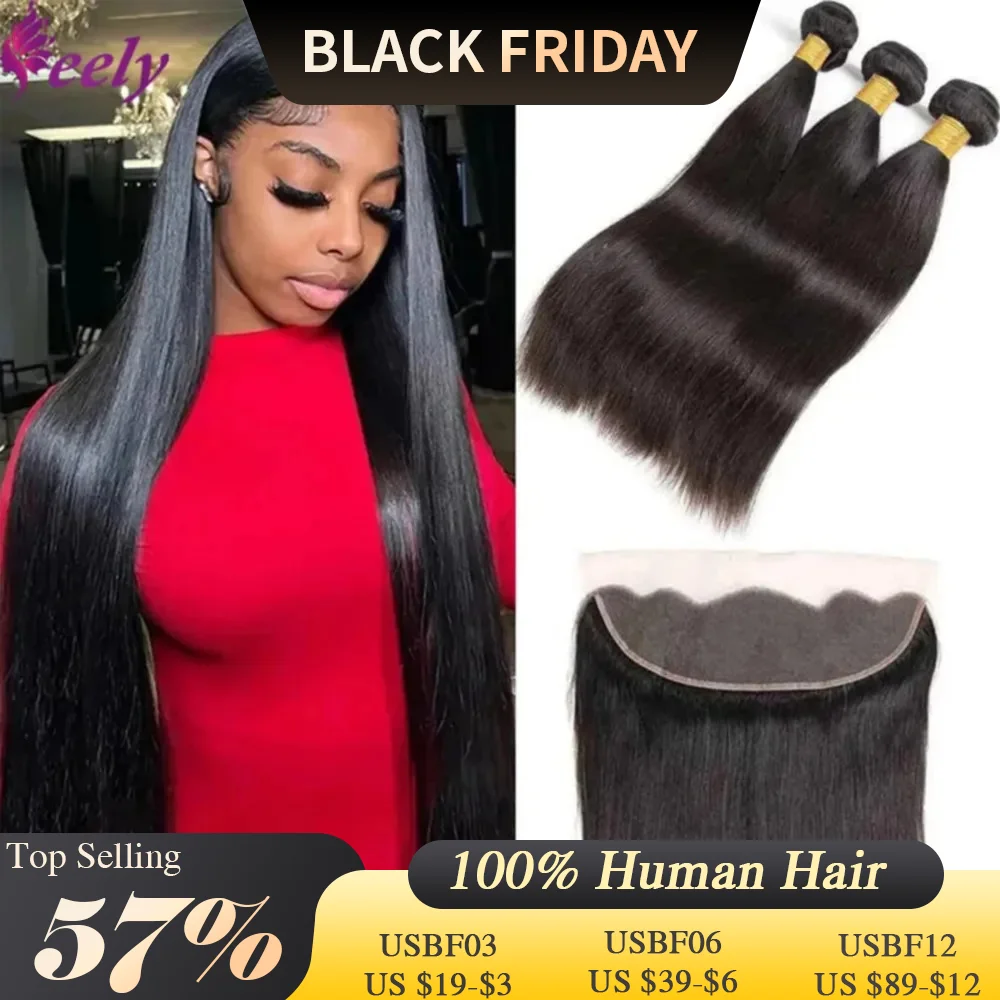 Straight Human Hair Bundles With Closure Brazilian 13x4 Lace Frontal With Bundles Human Hair Extensions Natural Black For Women