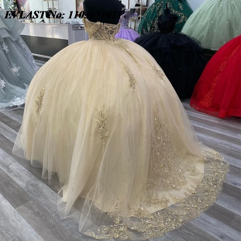 EVLAST Customized Champagne Quinceanera Dress Ball Gown Shiny Lace Applique Beading Corset Sweet 16 Vestidos De XV 15 Anos SQ112