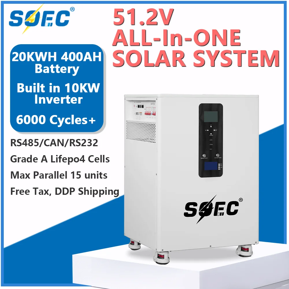 

SOEC 20KWh LiFePO4 Battery 51.2V 400Ah PowerWall 6000 Cycles Built-in BMS&10KW Inverter RS485/CAN Solar Battery All-in-one EES