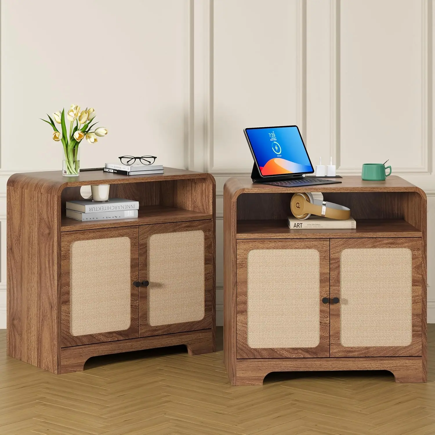 24" Nightstand Set 2 Door Charging Station USB Type-C Mid-Century Farmhouse Side Table Living Bedroom Customized