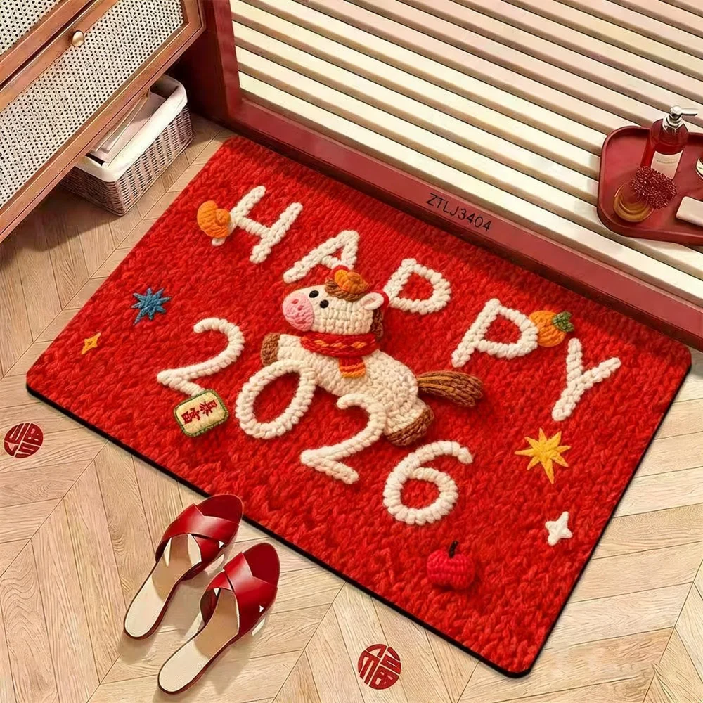 

New Horse Pattern New Year Door Mat Red Bath Mat Soft Non-slip Door Carpet Home Decorations