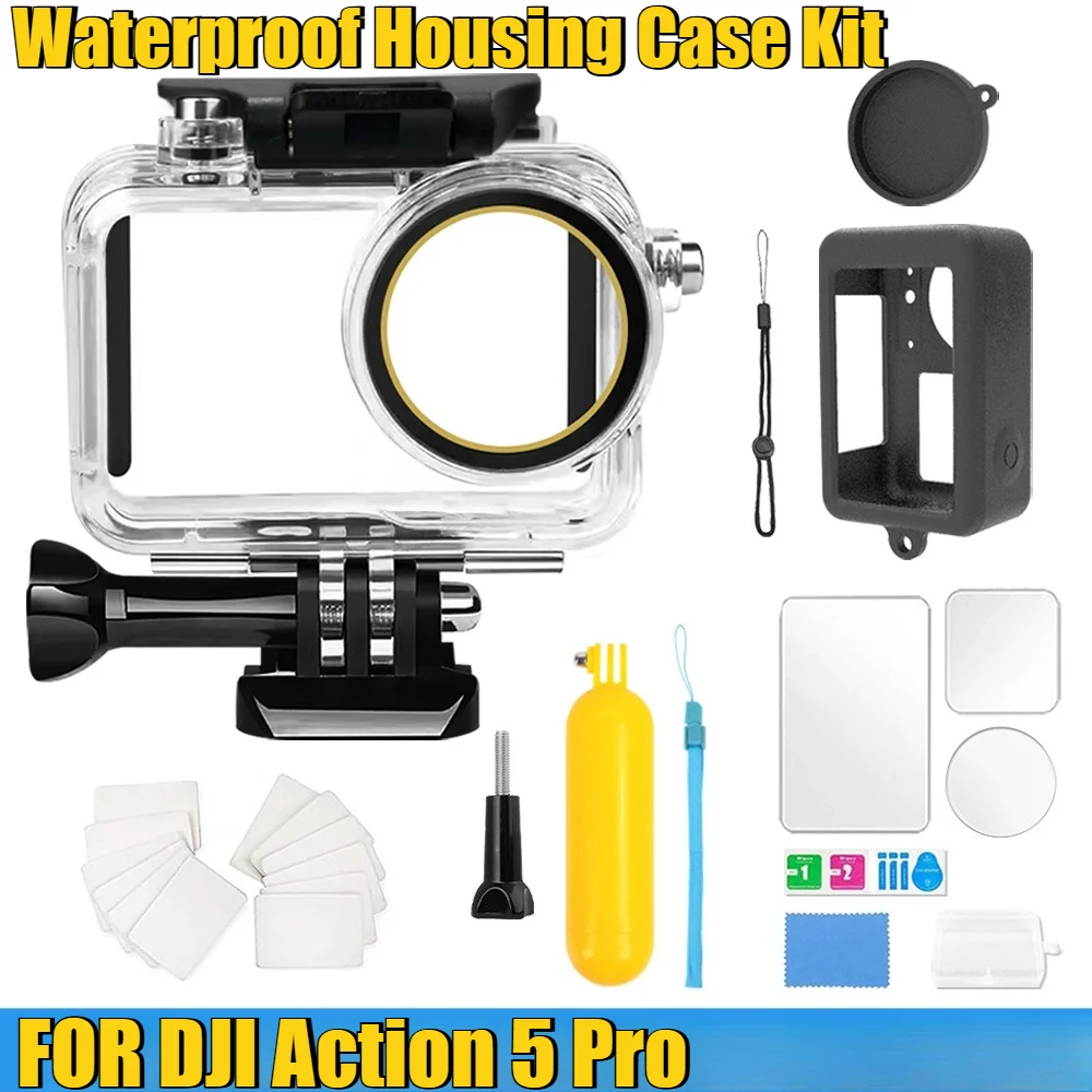 Waterproof Housing Case Kit FOR DJI Action 5 Pro - 60M Deep Dive Silicone Cover + Floating Grip for Action Camera Anti-Fog Lens
