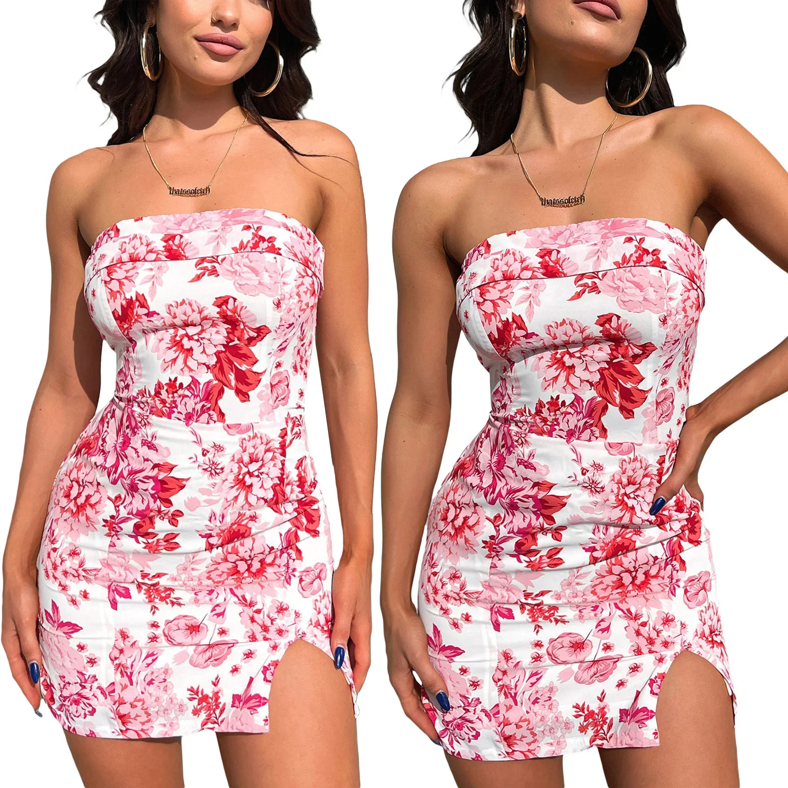 

Women's Strapless Mini Dress Floral Print Sleeveless Off Shoulder Slit Hem Bodycon Short Dress Party Gown