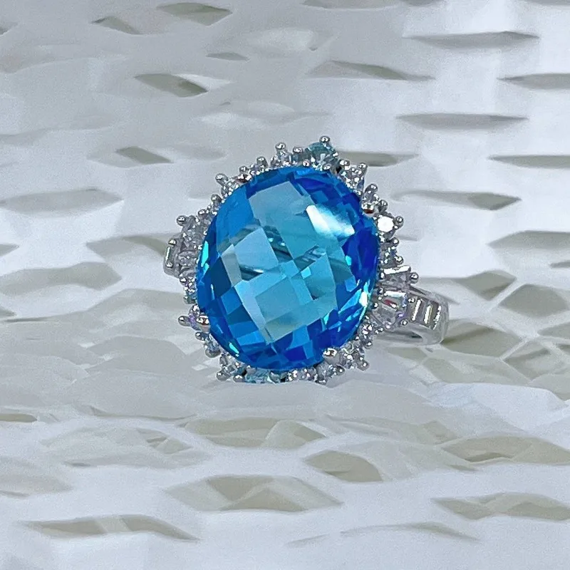 SACEGEMS 925Sterling Silver 10*12mm Natual Swiss Blue Topaz Luxury Rings for Women Created Wedding Engagement Party Fine Jewelry