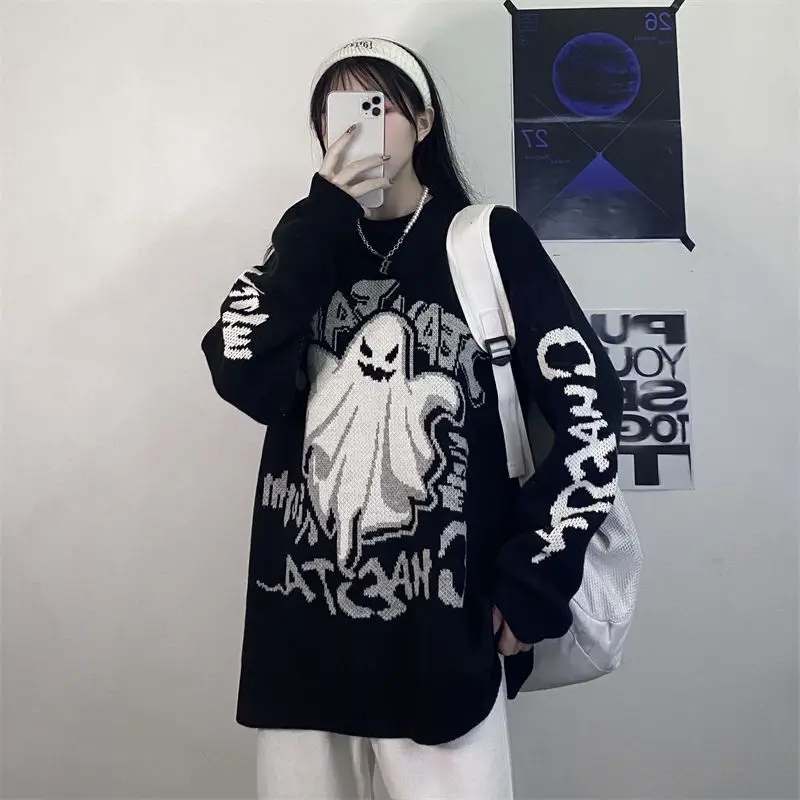 Deeptown Y2k Gothic Black Women Sweater Vintage Harajuku Oversized Japanese Fashion Knitted Pullovers Cartoon Print Autumn Ghost