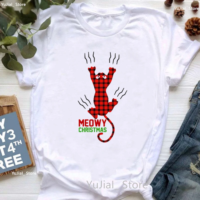 Meowy Christmas Cat กราฟิกพิมพ์ Tshirt ผู้หญิงสีขาวตลก T เสื้อ Femme Harajuku Kawaii เสื้อผ้าฤดูร้อนแฟชั่นเสื้อยืด