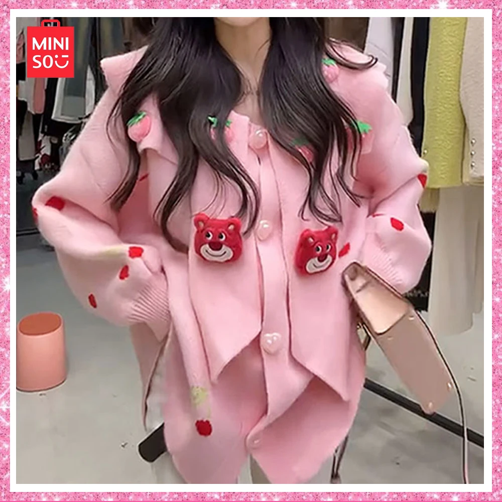 2023 MINISO Lotso New Winter Cute Doll Collar Sweater Fashion Age Reduction Cozy Sweater Coat Pink Kawaii Christmas Girl Gift