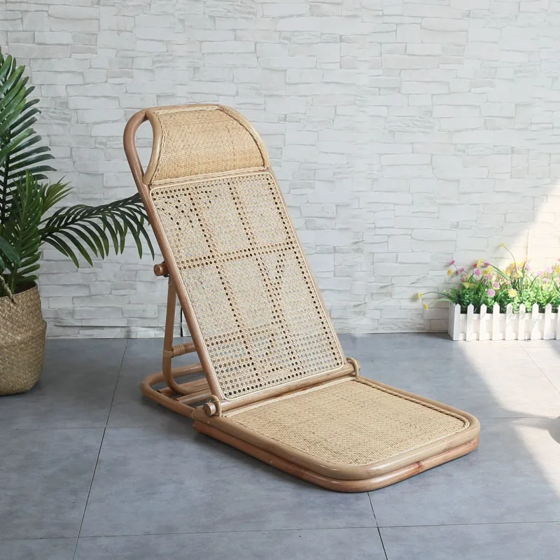 Adjustable‑Gear Rattan Folding Floor Chair Real Rattan Woven Retro Fresh Style Home Lounge Chair for Indoor Household Use