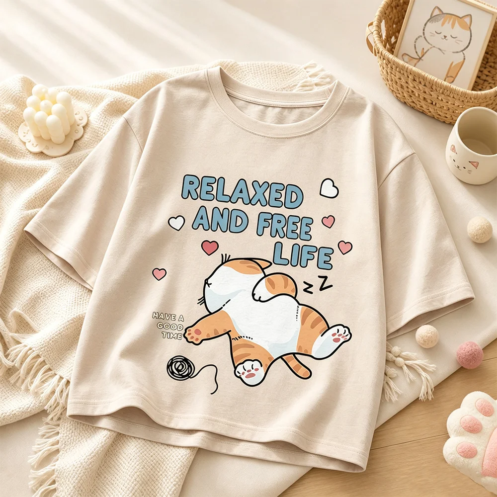 Unisex Lazy Cat Cartoon Print Summer T-shirt Short Sleeve Casual Loose Top for Men Women And Children Parent-Child Matching Top
