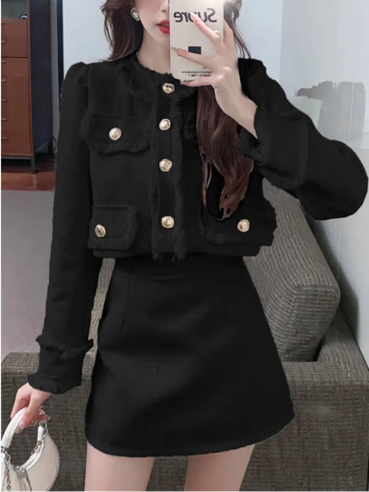 Tweed Suits Autumn New Fashion Skirt Two Piece Set Women Single Breasted Jacket Crop Top + High Waist Mini Skirt Elegant Outfits