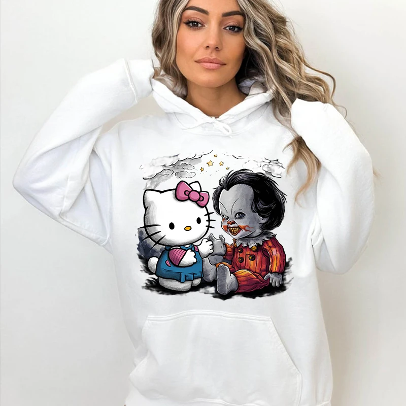 Hello Kitty Playing and Chucky Printed Women's Hoodie Casual Sweater Loose Top Personalized Women's Clothing