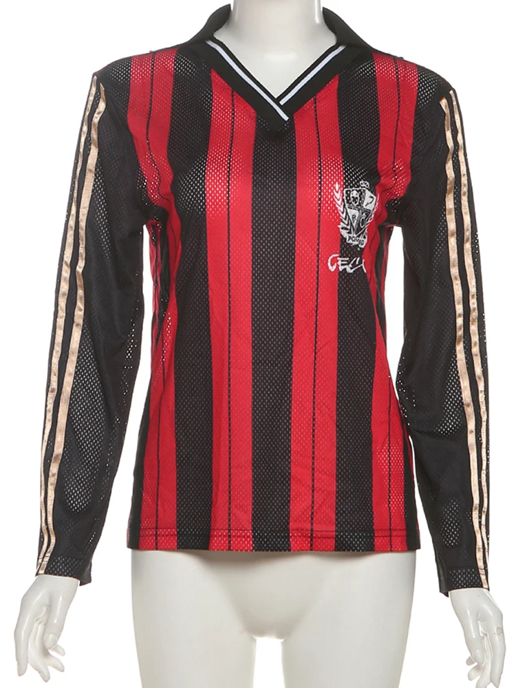 Sisterlinda T-shirt con stampa distintivo a righe sportive da donna Vedi attraverso maniche lunghe con scollo a V Patchwork Casuals Street Stretch Trend Tees