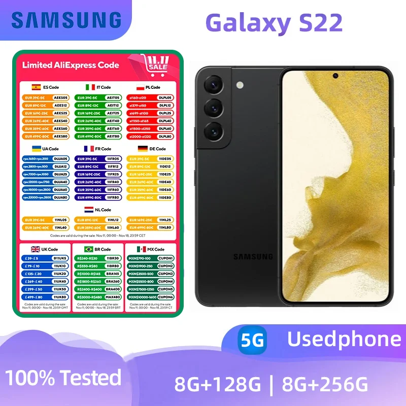 Samsung Galaxy S22 5G S901U1 128GB/256GB ROM Snapdragon 8 Gen 1 Octa Core 6.1" 50MP&12MP eSim 8GB RAM eSim Original Cell Phone