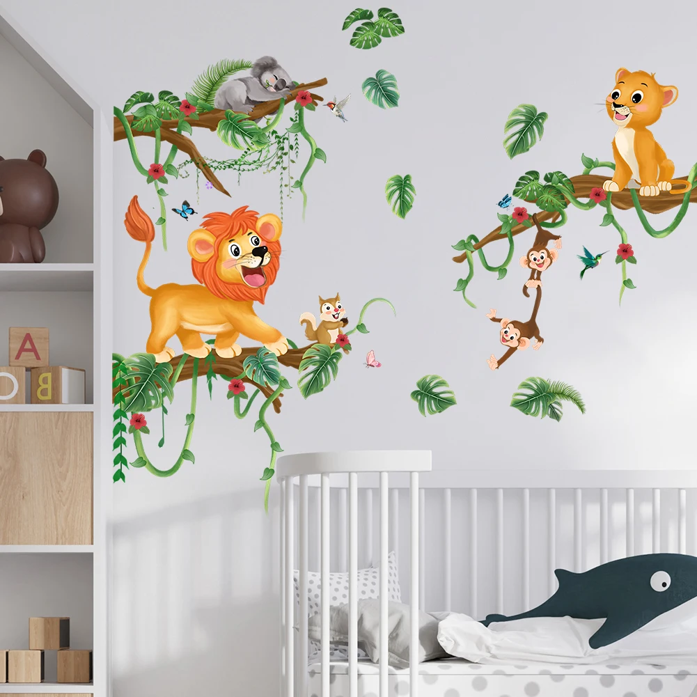Lion Wall Stickers For Tree Games Children's Bedroom Wallpaper Baby Room Decoration Jungle Animal   Murals