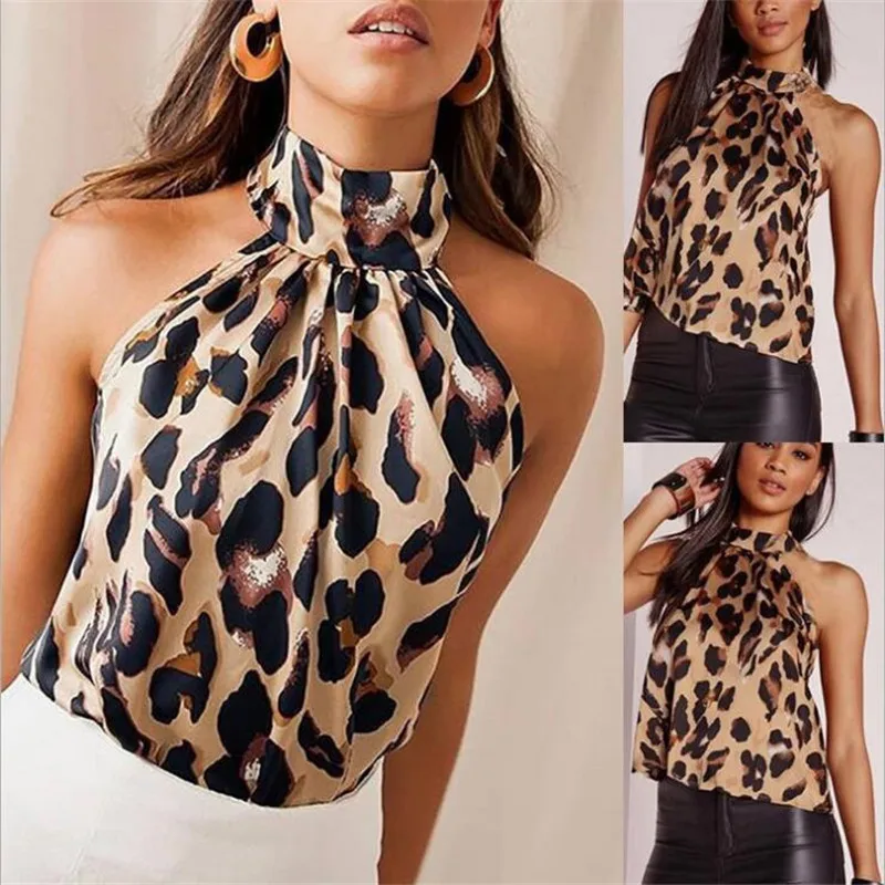 Casual Backless Sexy Leopard Print Tops Sexy Hanging Neck Design Women Pullover Sleeveless Tees Summer Fashion Clothing