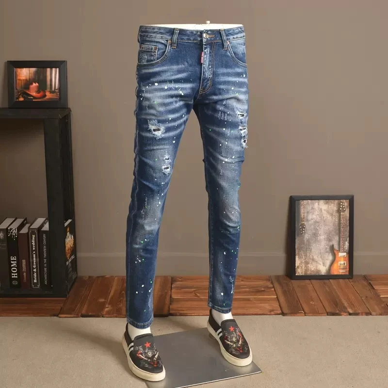 Streetwear Fashion Men Jeans Retro Blue Stretch Slim Fit Hole Ripped Jeans Men Elastic Painted Designer Vintage Pants Hombre
