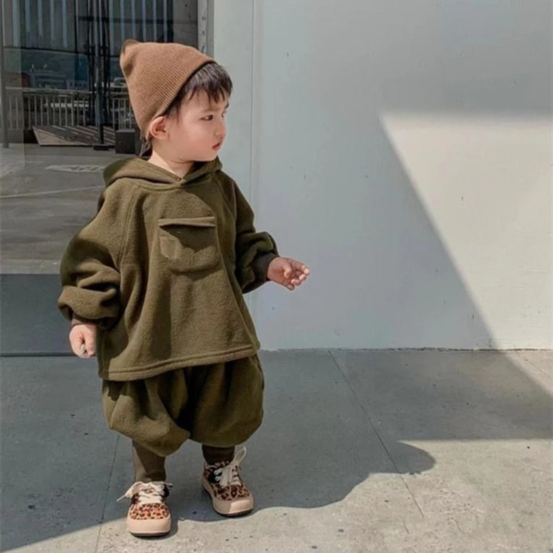 Kids Vintage Fleece Hoodie Pants Set Boys Girls Hooded Thick Warm Tracksuit Winter Children Clothing 2 Piece Outfit