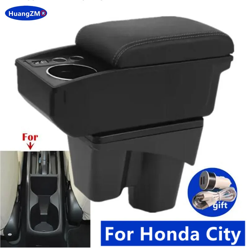 For Honda City Armrest Box For Honda New City Car Armrest Double-Layer Storage Box With USB Cup Holder Retrofit Car Accessories