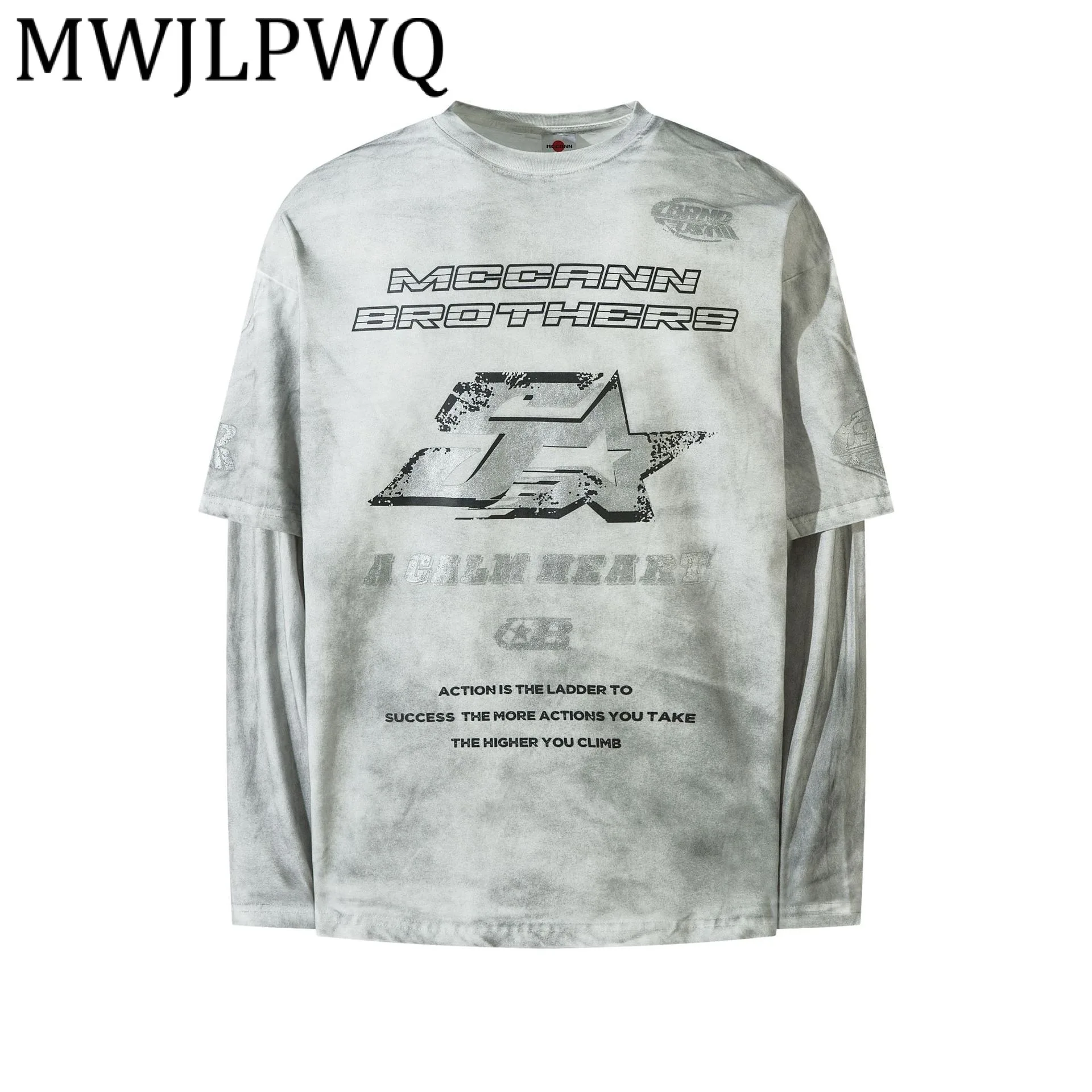 

MWJLPWQ Men's 2025 New Style American Street Fashion Fake Two-Piece T-shirts Dirty Dye Printed Long Sleeve Tops Autumn 21741