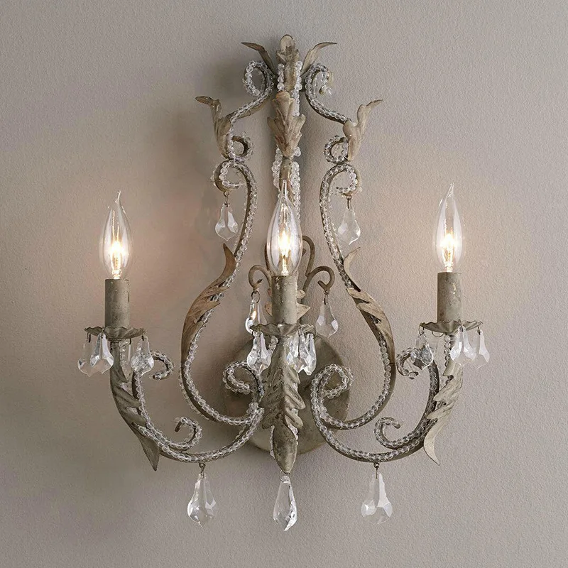 American Retro White/grey Wrought Iron LED Wall Lamps Three Heads Candle Lights Living Room Bedroom Restaurant Corridor Sconces