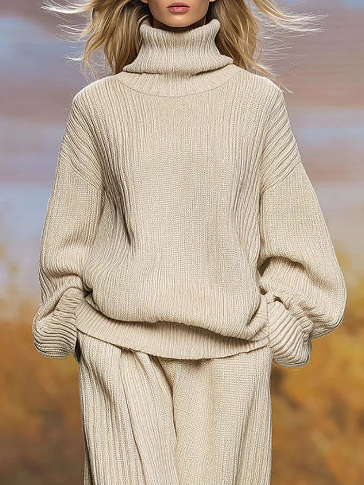 

Простая домашняя одежда, вязаный наряд, зимняя женская водолазка, свитер + брюки, комплект из 2 предметов, повседневный однотонный пригородный костюм с карманами