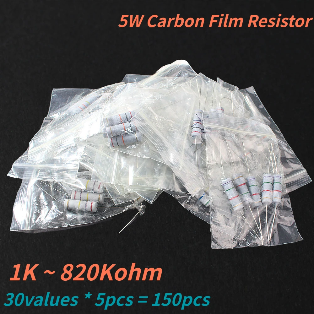 

150PCS 5W Carbon Film Resistor Resistance 1K ~ 820Kohm 30 Values Rang Assortment Kit Set 5% Resistors Kit Color Ring