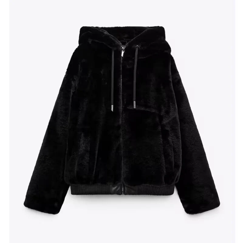 

Bla Faux Fur Effect Hooded Jaet Coat Women's New Sle Winter Thiened Polyester Fiber Long Sve Zipper Closure